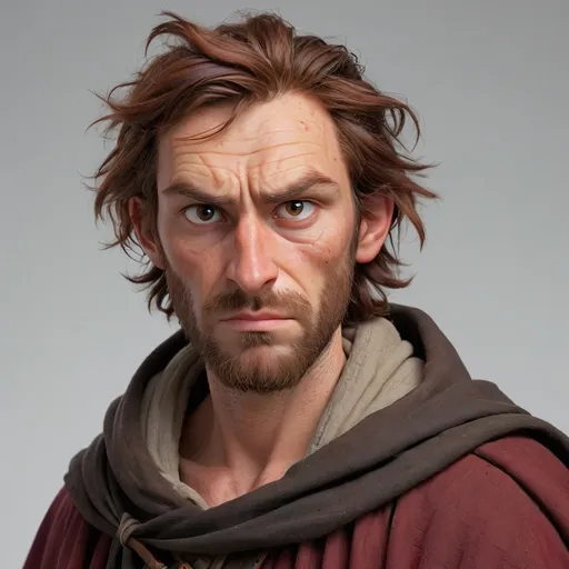 Prompt: a 32 year old man, looking disheveled. narrow face and plenty of wrinkles, especially near the eyes. dark brown eyes, bushy thick reddish brown beard. Hair is also reddish brown, with a thin forelock and baldspot on his head. bushy eyebrows with hairs sticking out. wearing a cloak and fine clothes, missing his left hand which is amputated at the wrist. has scars on this neck.