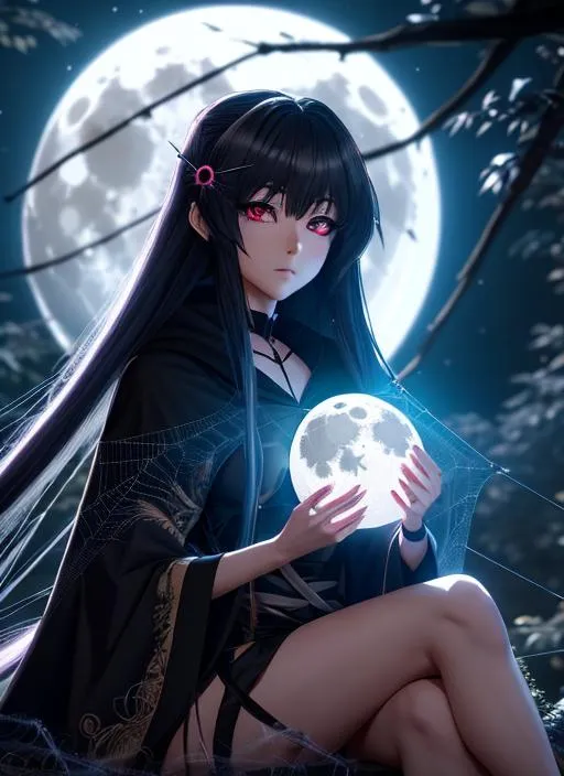 Prompt: a anime styled half-girl, half-spider creature with long hair sitting on a web in a dark forest. She holds a small spider and wears a cloak made of spiderwebs. Use a dark color palette and add a full moon in the background, Artgerm, CryEngine, Octane Render, 8k, symmetrical face, accurate anatomy ultra detailed face, very soft colors