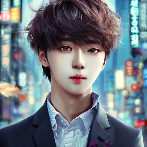 Prompt: korean biy, high detail, 8K, High detail, Pretty eyes, night, handsome, city lights, suit, nice hair