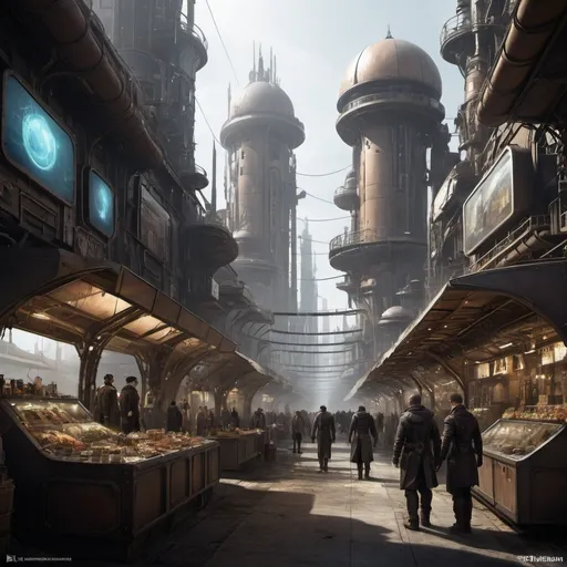 Prompt: concept dystopian environment futuristic sharp elysium steampunk market