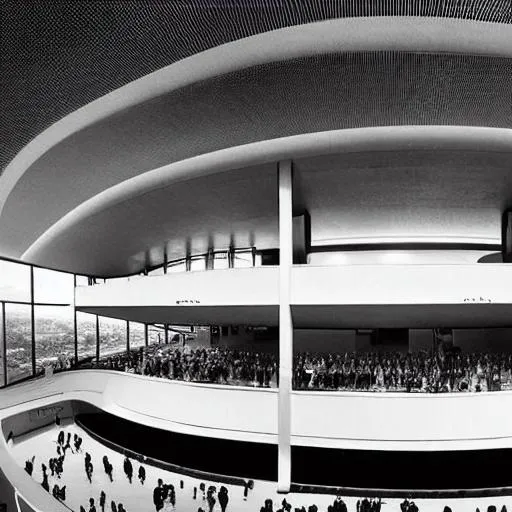 Prompt: Design a hyper-realistic and highly detailed auditorium that blends the distinctive styles and design principles of Ludwig Mies van der Rohe and Oscar Niemeyer, set in the heart of a futuristic, dystopian cityscape. The building should be a bold and visually striking landmark, with a unique and memorable design that embodies the power of modern architecture and design. The exterior of the building should be made of modern, high-tech materials, featuring clean lines, geometric shapes, and a futuristic aesthetic. At the same time, the building should also have an organic, almost naturalistic feel, with a strong emphasis on curves and flowing lines, reflecting Niemeyer's influence.

The auditorium should be situated in an urban park, surrounded by lush greenery, with a cinematic lighting that enhances the overall atmosphere. The interior should be designed to maximize the acoustic and visual experience of the auditorium, with optimal acoustics and comfortable seating that creates a sense of grandeur and elegance. The digital illustration should be highly detailed, with a resolution of 8k, showcasing sparks of energy and thunder in the night sky, while still maintaining a sense of realism.

The overall goal of the building should be to create an iconic landmark that harmoniously integrates with its natural surroundings, while simultaneously standing out as a bold and futuristic symbol of modern architecture and design. The illustration should be created using Procreate, and should be meticulously detailed, with a realistic and almost photo-realistic quality