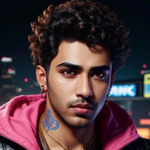 Prompt: A brown skin boy with short curly hair and black eyes with a pointed nose and hairy eyebrow with pink lower lip and brown upper lip with a cyberpunk background, super highly detailed, intricate details, 8k, Ultra HD, Professional, Sharp focus, studio photo, Render, realism