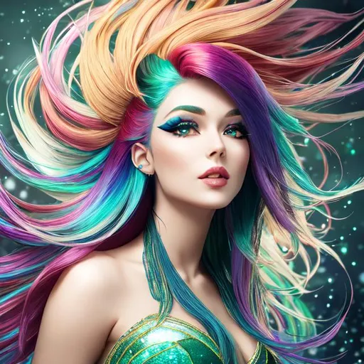 Prompt: Beautiful mermaid, multicolored hair, facial closeup