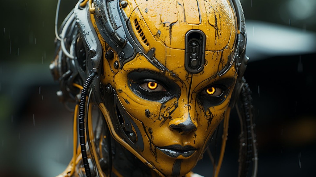 Prompt: yellow and black alien 3d model, in the style of surreal cyberpunk iconography, steelpunk, photobashing, 32k uhd, leica r8, close-up, dieselpunk