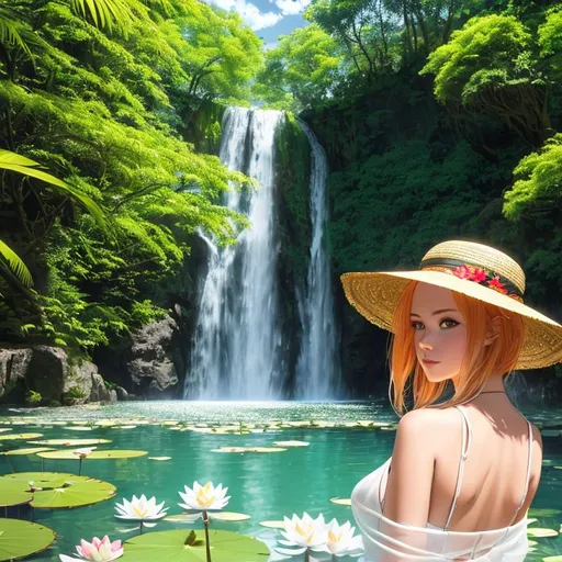 Prompt: portrait photo, close ups, centered, rear view slightly turned to the side, torii gate, waterfall, 21 years old, standing in a lake, medium length asymmetric hair cut, blonde with redhead highlights, white sheer silk sarong, straw hat, white silk undergarment, clear water, water lilies, heavenly beauty, 8k, 50mm, f/1. 4, high detail, cowboy shot, sharp focus, cowboy shot, perfect anatomy, sunset, highly detailed, detailed and high quality background, oil painting, digital painting, Trending on artstation , UHD, 128K, quality, Big Eyes, artgerm, highest quality stylized character concept masterpiece, award winning digital 3d, hyper-realistic, intricate, 128K, UHD, HDR, image of a gorgeous, beautiful, dirty, highly detailed face, hyper-realistic facial features, cinematic 3D volumetric, illustration by Marc Simonetti, Carne Griffiths, Conrad Roset, 3D anime girl, Full HD render + immense detail + dramatic lighting + well lit + fine | ultra - detailed realism, full body art, lighting, high - quality, engraved | highly detailed |digital painting, artstation, concept art, smooth, sharp focus, Nostalgic, concept art,