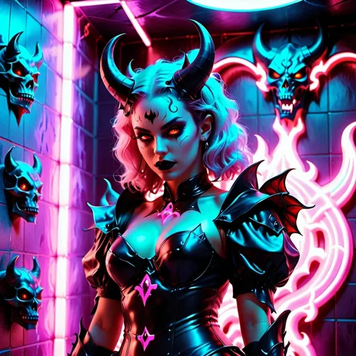 Prompt: beautiful female demon, hell, demonic, gothic, vaporwave, retro, neon, aesthetic, liminal, high quality, high definition, beautiful, dramatic lighting