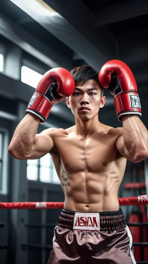 Prompt: high resolution, 4k, detailed, high quality, professional, close view from bottom body. Muscular Boxer. Red boxing gloves. Asian young faces.