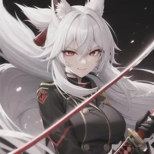 Prompt: A white haired (with black streaks in it) kitsune with black eyes and red pupils, a black skintight combat uniform, a bloody katana in her hand and smile malicously at the camera, full body