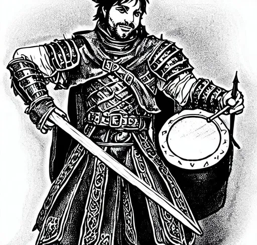 Prompt: Dnd osr male bard holding a small drum wearing leather armor longsword standing in front of dungeon double door black white ink style