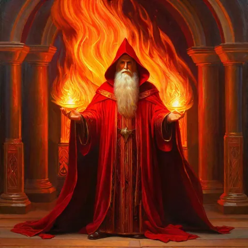 Prompt: Wizard, red cloak, fire, flame, Greg Rutkowski, John William Waterhouse, (vibrant colors:4), full hd, high quality, 4k, trending on artstation, oil painting, symmetrical, intricate, highly detailed,