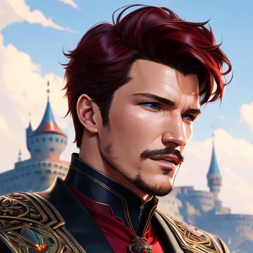 Prompt: 64K, centered position Full body of a gorgeous young man Pedro Pascal, assassin armor, perfect eyes, red facial hair, red hair, screaming, symmetrical, lighting, detailed face, by makoto shinkai, stanley artgerm lau, wlop, rossdraws, concept art, digital painting, looking into camera, intricate ornament on his suit, castle background, colorful ambient, colorfull, HDR, 64K