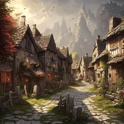 Prompt: village with medieval black and white houses, peasants, animals, dragon, Fantasy art style, style of Tyler Edlin