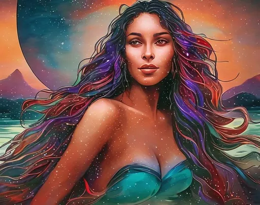 Prompt:  water magic woman red blue purple sunset mountain music  beauty latina moon goddess healer