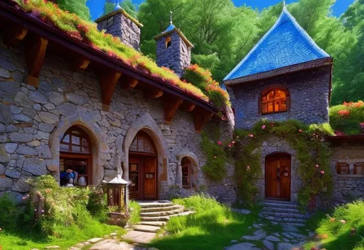 Prompt: fantasy. from outside a stone building lies berry bushes and the bright blue sky of the forest. 

