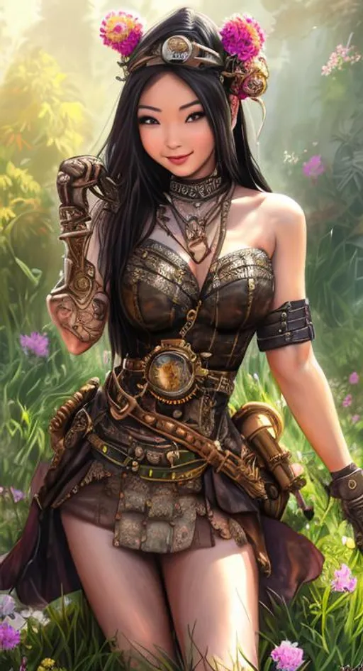 Prompt: High-resolution hyper realistic painting of {topless, steampunk metisse asian, highly detailed, skirt, fullbody, tight} [ameretat] , uhd, hdr, 64k, epic scene, half body, sharp edges, wearing armor, forest, garden, expressive amused lips. Little smile. Clean. Knee on the grass or sit on the grass.