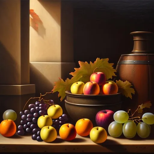Prompt: still life with multicolored grapes, oranges, and apples near wooden barrels in front of a stone wall, moody atmosphere, soft lighting, detailed oil on canvas, 8K