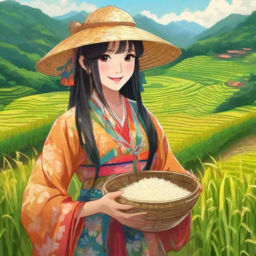 Prompt: 1girl, long black hair, brown eyes, wearing straw hat and colorful traditional dress, smiling, standing in a rice field located in a mountainous area, holding rice grains in a bowl made of straw, the rice field has lots of terracing, surrounded by lush greenery, a small creek flowing nearby, masterpiece, best quality, highly detailed, vivid colors, trending