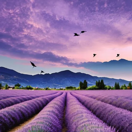 Prompt: lavender sky with mountains and birds
