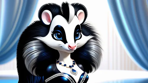 Prompt: concept art, anthropomorphic female skunk with black fur and white stripe on her back , cute skunk face, skunk head wearing an evening gown with elaborately detailed designs and a detailed ornamental necklace, standing in an 'A' type pose, animalistic, sparkling deep blue human eyes, long thick luxurious eye lashes, thin face, long white hair with curly waves, curvy feminine physique, black fur on torso and chest, long bushy tail, not human, 8k, full body detailed, wide angle shot, hyper detailed, photo realistic, professional, GFP-GAN