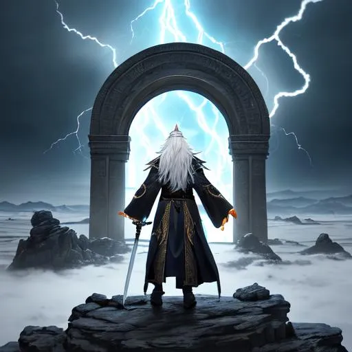 Prompt: full-body oil painting of a arch wizard summoning lightning, with long white hair, wears hide clothing, sword raised above his head, stands upon a tundra, UHD, hd, 8k, Very detailed, style of Antoni Tudisco, Beeple, Jinhwa Jang, panned out view of character, zoomed out view of whole character's body is visible, character is centered, whole character in view, whole character is seen