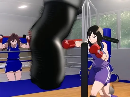 Prompt: 3d highdefinition highquality 
photorealistic  anime muscle tallgirl punching bag training
Bursting crushing smashing punching sandbag 