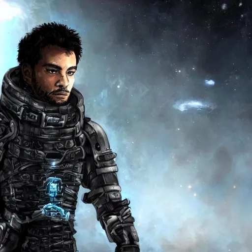 Prompt: a scruffy haired hispanic young engineer in dead space like armour wearing a black coat