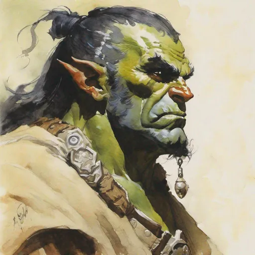 Prompt: half orc cleric, sophisticated , portrait watercolor by Frank Frazetta ssor 16:0 sav 5
-- 750 --q 2 - 