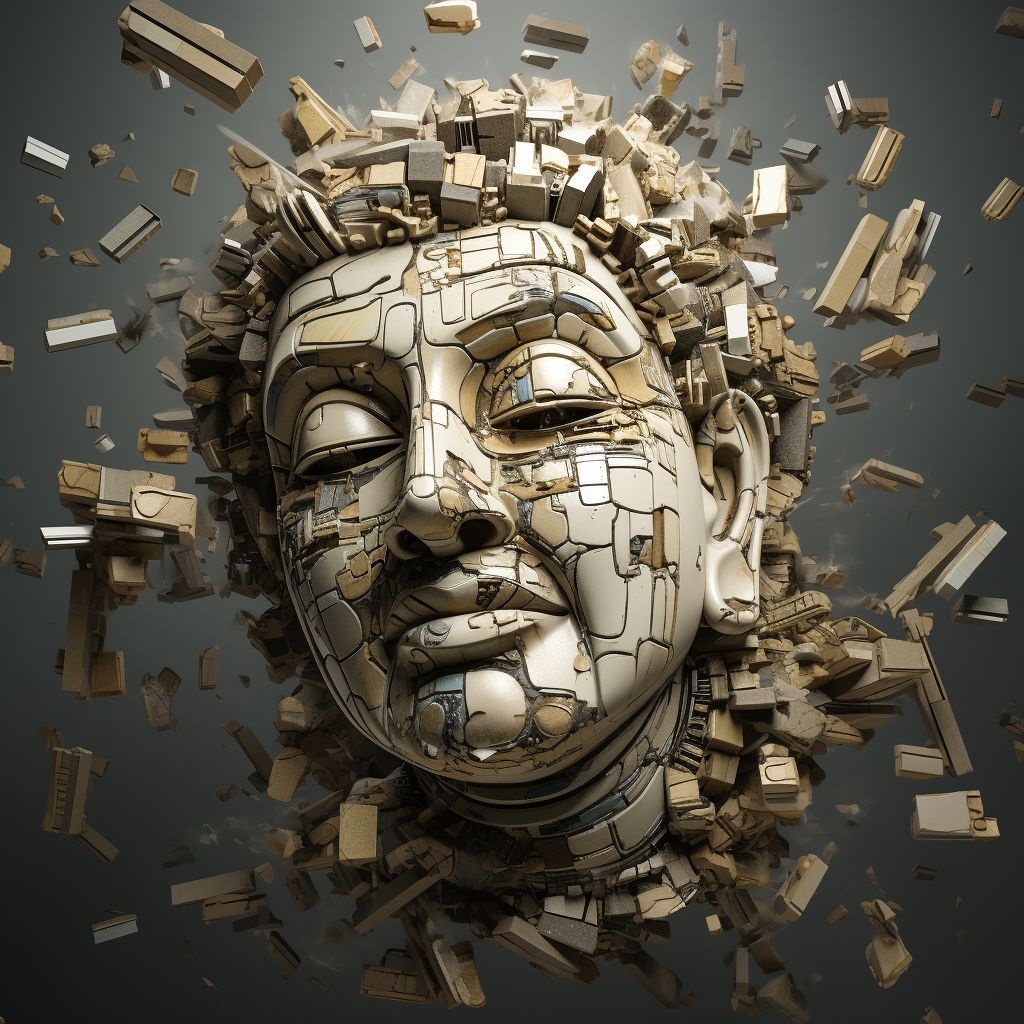 Prompt: low angle view of vector 3d buddha face made of blocks falling apart