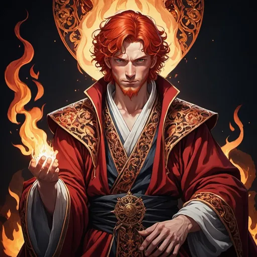 Prompt: tarot card Anime illustration, a red-haired man, detailed ornate cloth robe, dramatic lighting, fire God, king, flame hands