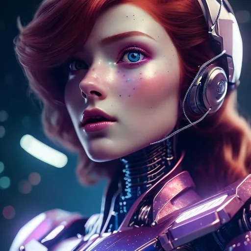 Prompt: a beautiful robot red head woman, feminine look, soft skin, retro like, octane rendered 4k, hyperrealism, highly detailed, futuristic look, cinema 4k, lots of details, blue and purple background with stars, epic look, portrait 