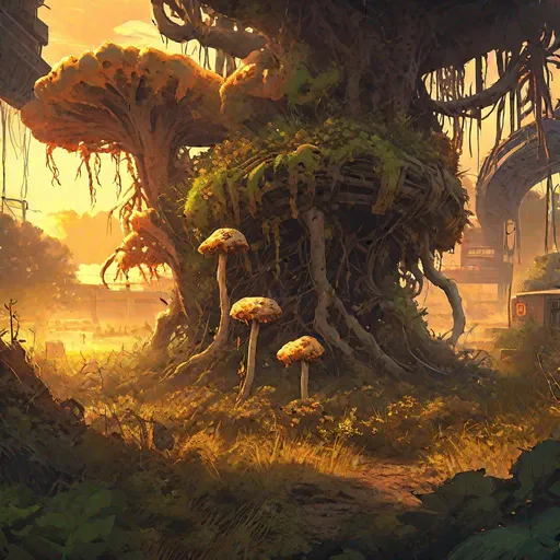 Prompt: nuclear wasteland, the last of us, glowing mutated fungi, spreading like an infection on the land, trending on Artstation, hypermaximalist, highly detailed and intricately designed, digital painting, golden hour, perfect composition, aspect ratio 3:2, overgrown