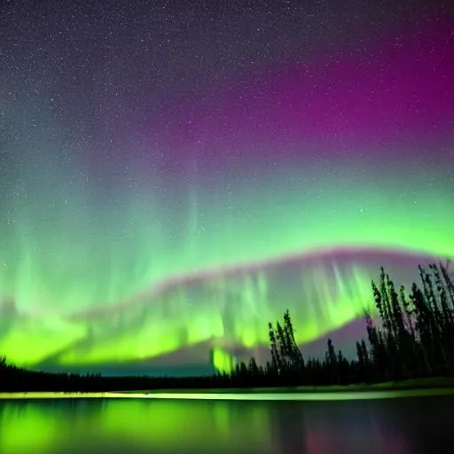 Prompt: pink and green aurora borealis above forest