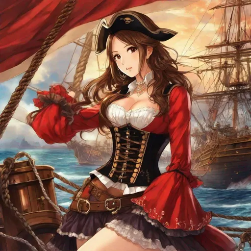 Prompt: anime art, pretty young Indonesian woman, 25 year old, (round face, high cheekbones, almond-shaped brown eyes, small delicate nose), ((pirate costume)), (red bustier corset, lace jacket), background pirate ships fighting, Japanese manga, Pixiv, Fantia