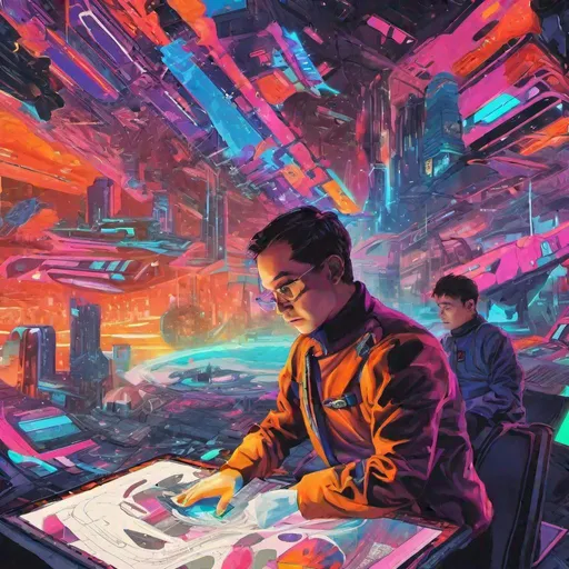 Prompt: A historian in the future, futuristic, vivid colors, bright, 16:9
