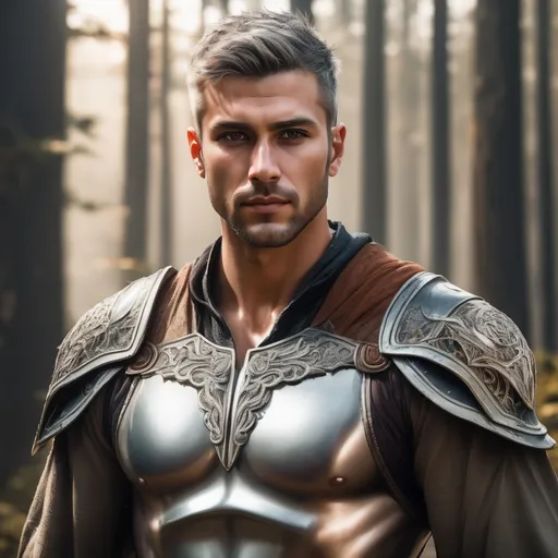 Prompt: 30 years old attractive, handsome adult male with grey short hair and light brown color eyes, muscular body, head and shoulder portrait, heroic and confident standing pose, 8k resolution concept art portrait, fantasy warrior outfit, open forest background on a sunny day, detailed matte painting, deep color, fantastical, intricate detail, splash screen, complementary colors, fantasy concept art, 8k resolution trending on Artstation Unreal Engine.