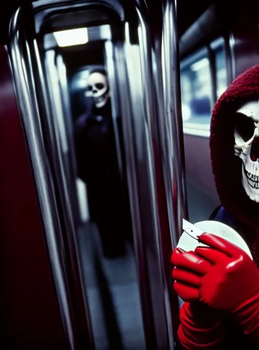 Prompt: Serial killer wearing a skull mask, red gloves, knife, in the subway, 80's horror movie.