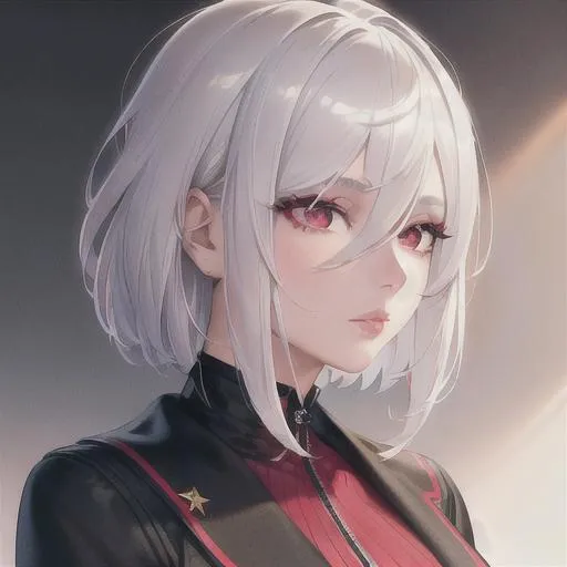 Prompt: (masterpiece, illustration, best quality:1.2), 1girl, short white hair, hair between eyes, red eyes, mean face, best quality face, best quality, best quality skin, best quality eyes, best quality lips, ultra-detailed eyes, ultra-detailed hair, ultra-detailed, illustration, colorful, soft glow, profile picture, wearing black jacket, detective vibe