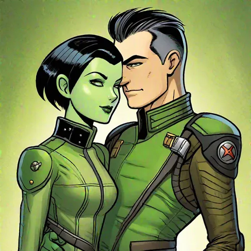 Prompt: A green skinned scifi green female with green skin, she has short black bob hair, well drawn green face, uniform, her skin is green, she has green skin. hugging with a Handsome caucasian male scifi pilot with very short slicked back (brown) pompadour undercut hair, fully dark entirely jet black leather jacket. green eyes, his skin is normal pale. detailed. star wars art. 2d art. 2d