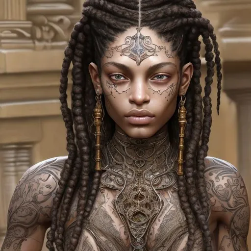 Prompt: Masterpiece, uncompressed images, 8k, extremely beautiful woman, slim, flawless body ((very detailed)), has long black hair, braided in dreadlocks ((very detailed)), expressive brown eyes ((very detailed)), fair skin  , perfect face ((symmetrical, very detailed)), narrow waist, colored tattoos ((very detailed)), complex tattoos, darkerrcore, wears 3-piece lingerie set made of black satin, underwired bra with decorative element between the cups, garter belt with suspenders, transparent black thong, lots of details, looks at the viewer, smiles, neutral background, backlight, professional photo, cinematic,  Sharp focus, highest quality