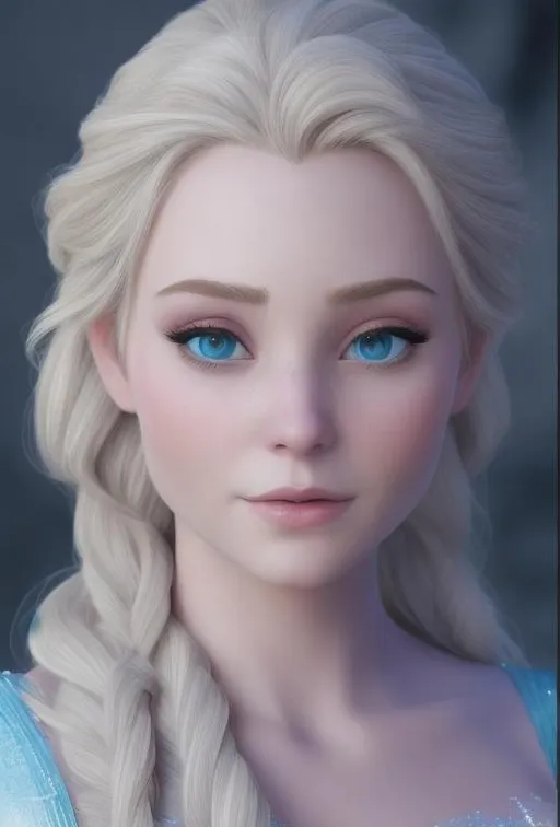 Prompt: Etheral Elsa from Frozen with a realistic human face, 32K, Fantasy cinematic lighting, Heavily detailed dress, ultra realistic woman, insane detail, Beautiful face, photorealistic portrait