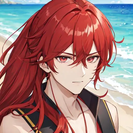 Prompt: Zerif 1male (Red side-swept hair covering his right eye) at the beach