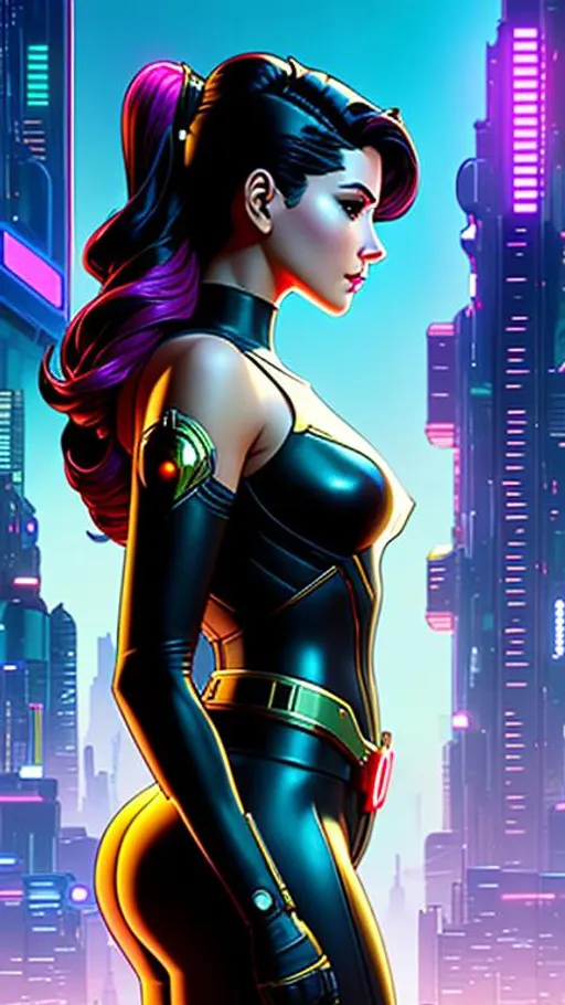Prompt: Adam Hughes’ best new artwork. Award-winning masterpiece. Official art. Original art. superhero, 20 years old, side view,  cyberpunk city, night, neons, digital painting, ethereal, cel shading, borderlands 2, digital painting, artstation, smooth, concept art, happy, ethereal, royal vibe, highly detailed, detailed and intricate background, digital painting, Trending on artstation, Big Eyes, artgerm, highest quality stylized character concept masterpiece, award winning digital 3d oil painting art, hyper-realistic, intricate, 64k, UHD, HDR, image of a gorgeous, beautiful, dirty, highly detailed face, hyper-realistic facial features, perfect anatomy in perfect composition of professional, long shot, sharp focus photography, cinematic 3d volumetric