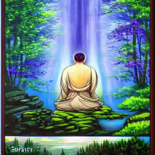 Oil painting of a buddhist monk meditating from behi... | OpenArt
