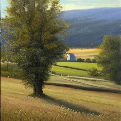 Prompt: Please create a neutral acrylic type painting in a more soft classic style of the pastoral countryside. Please only include the painting itself. Lots of tans and pastel colors
