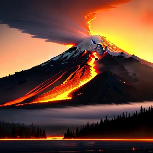 Prompt: Mt Rainer, Washington state, an explosive, violent volcanic  eruption at dawn, pyroclastic flows, molten lava, insanely detailed, insanely realistic, insane details,  and art by  unreal engine 5, Detailed Render eye candy Breathtaking 8k Greg Rutkowski Artgerm WLOP Alphonse Mucha dynamic lighting hyperdetailed intricately detailed Splash art Artstation triadic colours volumetric lighting, unreal engine 5, insane detail, ultra-realistic, frostbite 3 engine, CryEngine, 