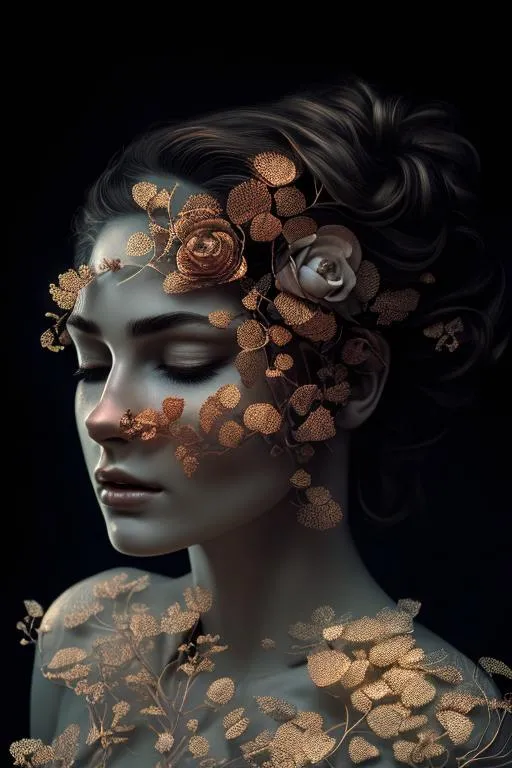 Prompt: insanely beautiful portrait of a woman with closed eyes, dreamy and tender, soft, illuminated, anatomically perfect, golden ratio, highly detailed and intricate, elegant , mysterious, red flowers on head, 3 D, unreal engine 8