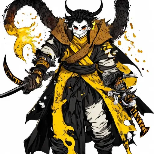 Prompt: a demon slayer hashira with white mask and yellow and black and lava breathing style