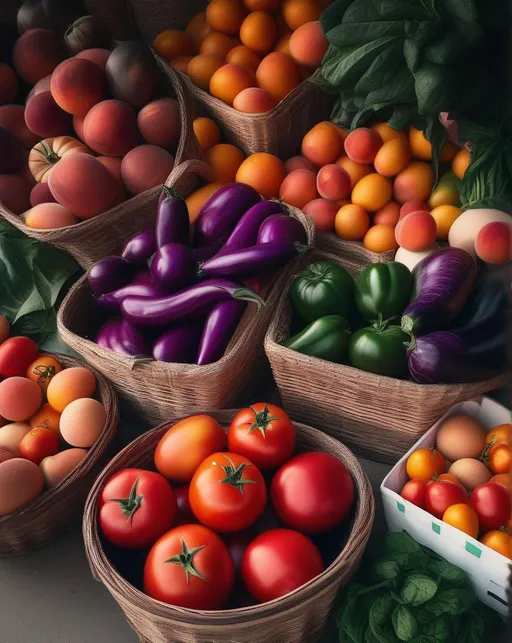 Prompt: A still life image showcasing the bountiful variety of organic produce at a farmers market stand on a sunny summer day. Vibrant red tomatoes, dark purple eggplants, rainbow Swiss chard, oranges and peaches spilling out of baskets. Shot from above with natural soft lighting to accentuate the textures and colors. The scene conveys the simple joy of fresh locally-grown food. In the style of food photographer Erika Follansbee. 