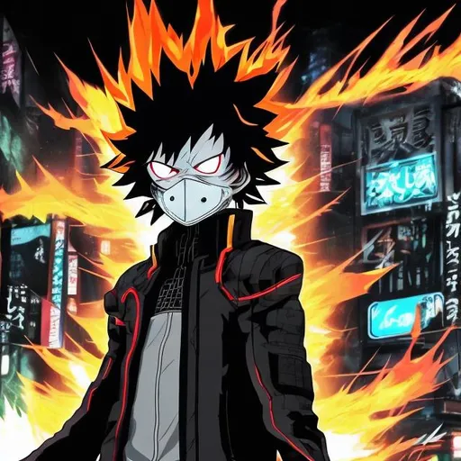 Prompt: Black and neon. Accurate my hero academia todoroki masked as villain. Fire and ice. Very Dark image with lots of shadows. Background partially destroyed neo Tokyo. Noir anime. Gritty. Dirty. Visceral.