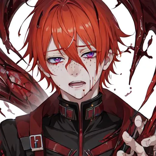 Prompt: Erikku male adult (short ginger hair, freckles, right eye blue left eye purple)  UHD, 8K, insane detail anime style, covered in blood, psychotic, covering his face with his hands, face covered in blood and cuts, blood highly detailed, crying out in pain, winking